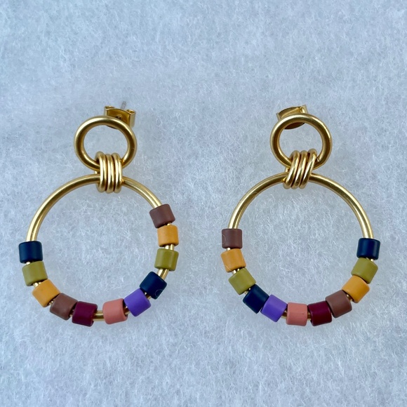 Rainbow Beaded Statement gold-plated brass (sterling silver posts) Hoop Earrings - Picture 1 of 2